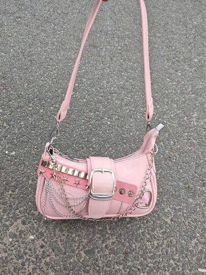 1pc Girl's PU Leather Y2K Style Bag, Versatile Crescent Moon & Star Shaped Shoulder Bag, Sweet & Cool Girl Crossbody Bag, Black & Red Contrast Chain Strap Handbag, Millenial Underarm Chain Bag