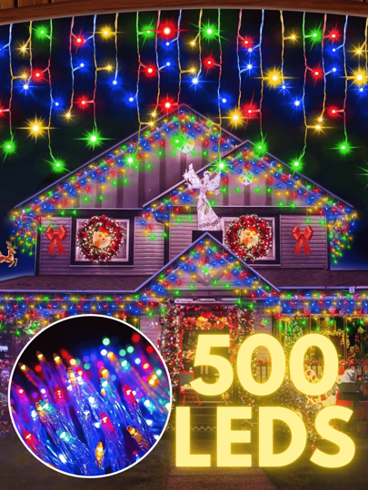 Serie Navideña de Cascada con 500 LEDS de 9.6 Metros Multicolor Alta Eficiencia Energética Árbol de Navidad Decoración Navideña Acompañado de Esferas Navideñas o Guirnalda para Exteriores 8 Modos de Iluminación