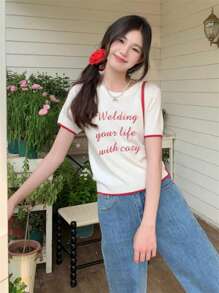 Women's Contrast Color Embroidery Slim Fit Knit Short Sleeve Sweater Top, Casual & Minimalist, Summer - Apricot - View 6