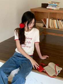 Women's Contrast Color Embroidery Slim Fit Knit Short Sleeve Sweater Top, Casual & Minimalist, Summer - Apricot - View 8