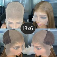 棕色 13x6 合成蕾丝前假发，女士款，22 英寸长直发，无需胶水，采用 Kanekalon 纤维制成，耐高温，自由分缝，150% 密度，蕾丝区域，预先拔毛，自然发际线，无需胶水，耐热纤维前蕾丝假发，适合时尚女性、女孩、派对、度假、演出、化妆、日常佩戴 - 棕色 - 查看 7