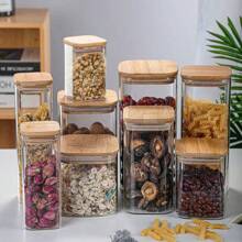 Frasco de almacenamiento de vidrio con tapa cuadrada de bambú, recipiente hermético transparente para granos de café, cereales, frutos secos