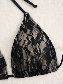 Vacation Beach 3pcs Set - Sexy Lace Bikini Top, Sarong & Skirt - Black - View 3