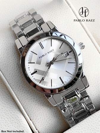 Pablo Raez 1 件银色华丽女士手表女士珠宝夏季配饰奢华连衣裙复古手表不锈钢手链链 IPS 镀层顶级全新优雅高级时尚格纹图案设计石英表