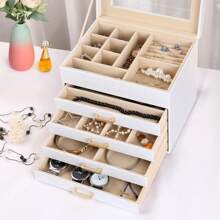 Hộp đựng trang sức, Hộp đựng trang sức 5 lớp có nắp thủy tinh, Đồng thau vàng và trắng, Da PU hình trái tim, Hộp đựng vòng cổ, Hoa tai, Nhẫn, Vòng tay, Ý tưởng quà tặng cho bé gái khi trở lại ký túc xá - Màu Hồng baby - Xem 10