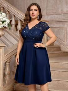 Plus Elegant V-Neck Contrast Sequin Floral Lace Prom Cocktail Party Swing Dress, Wedding Guest Dress, For Birthday, Graduation, Homecoming