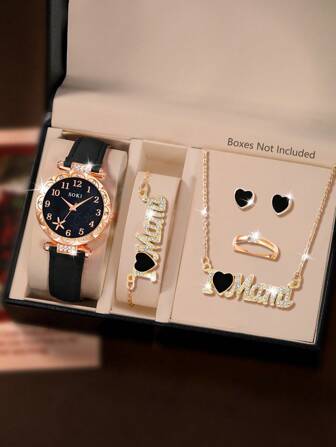 1 Set de reloj de mujer, de moda, reloj de cuarzo casual con pulsera, collar, aretes y anillos joyería minimalista y de moda con la frase "I LOVE MAMA", perfecto para uso diario, regalos de cumpleaños, fiestas, reuniones festivas y como regalo ideal para ti o tus amigos. No incluye cajas.