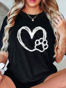 Heart Paw Print T-Shirt, Women's Short Sleeve Round Neck Casual Spring And Summer Top, Soft And Breathable Suitable For Outdoor Sports Comfortable Clothing
