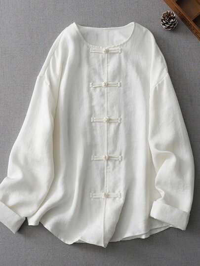 LUCIDVUE 1 pieza Camisa de manga larga con cuello de botones de estilo chino retro mejorada para mujer, nueva chaqueta holgada de estilo retro casual para primavera/verano