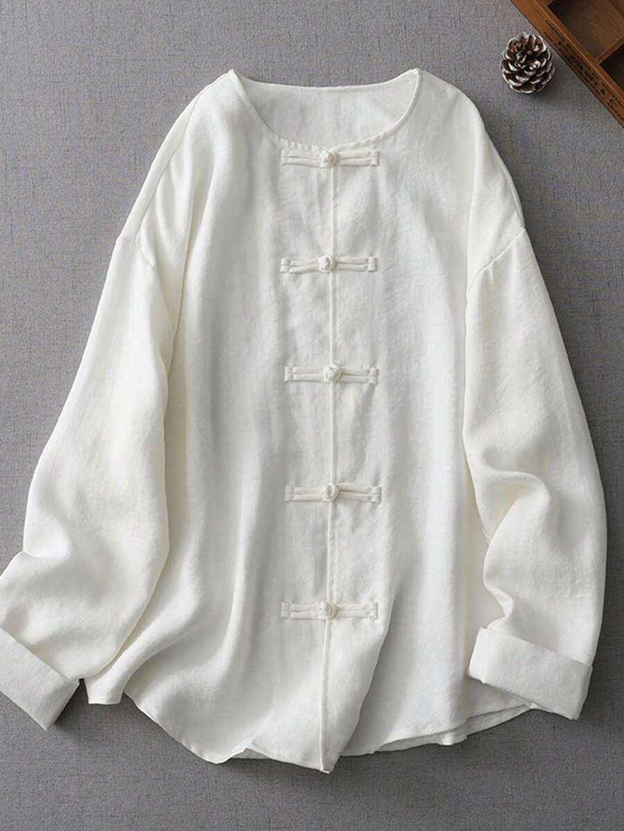 LUCIDVUE 1pc Women's Improved Cheongsam Retro Style Chinese Button Collar Long Sleeve Shirt, New Retro Style Loose Casual Jacket, Spring/Summer