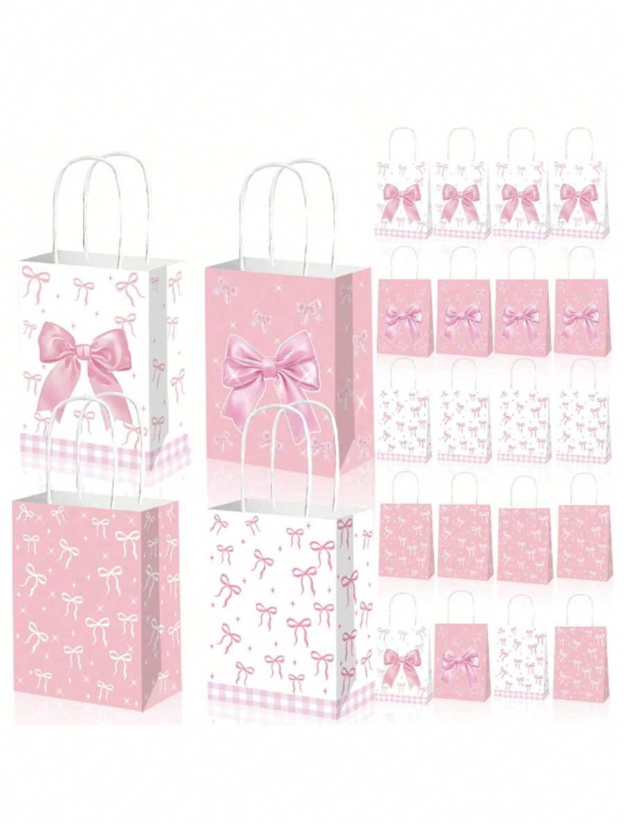 2/8PCS Chic Pink Bow Party Favor Bags, Elegant Paper Gift Bags, Unique Double-Sided Design, Perfect For Weddings, Teen Parties, Birthdays, Mother's Day Gift Packaging Bags And Celebrations