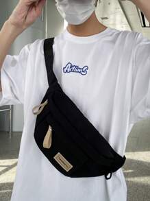 1pc Fashion Minimalist Solid Color Letter Print Adjustable Strap Zipper Closure Chest Bag/Waist Bag, Casual Daily, Sporty, Travel, Street Style, Lightweight, Water-Resistant, Multi-Compartment Nylon Peach Tree, For Men Pouch Phone Bag - Black - View 4