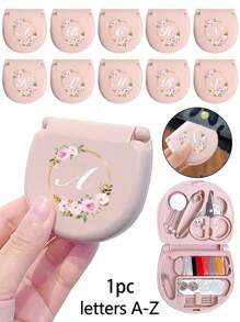 Flower Wreath Letters Sewing Tool Box With Pink Flower Initials, Letters A-Z, Perfect Gift For Beginners Sewing: 1 Portable Mini Sewing Set - Foldable, Diy Sewing Supplies And Accessories, Suitable For Travelers And Emergency Clothing Fixators, Mini Needle Box Portable Small Needle Bag Sewing Tool Combination Set Hotel Supplies(Pink)