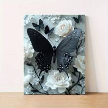 Fashion Black Butterfly And White Flower Canvas Art - Wooden Frame Canvas Painting 1 Piece (3) Thickness 2.25cm / 0.9inch , Home Gift Decoration, Room Decoration Aesthetics, Wall Decoration Art, Perfect Gift, Autumn Winter Wall Decoration, Living Room Decoration, Bedroom Decoration, Kitchen Decoration, Entrance Decoration, Bathroom Decoration, Direct Wall Painting, High-Quality Wall Painting Poster