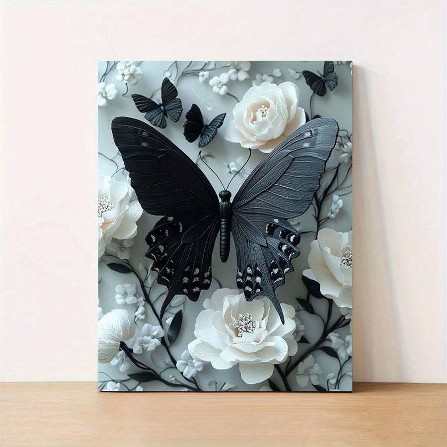 Fashion Black Butterfly And White Flower Canvas Art - Wooden Frame Canvas Painting 1 Piece (3) Thickness 2.25cm / 0.9inch , Home Gift Decoration, Room Decoration Aesthetics, Wall Decoration Art, Perfect Gift, Autumn Winter Wall Decoration, Living Room Decoration, Bedroom Decoration, Kitchen Decoration, Entrance Decoration, Bathroom Decoration, Direct Wall Painting, High-Quality Wall Painting Poster