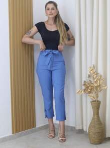 Linen Pants With High Waist Belt - Blue - View 1