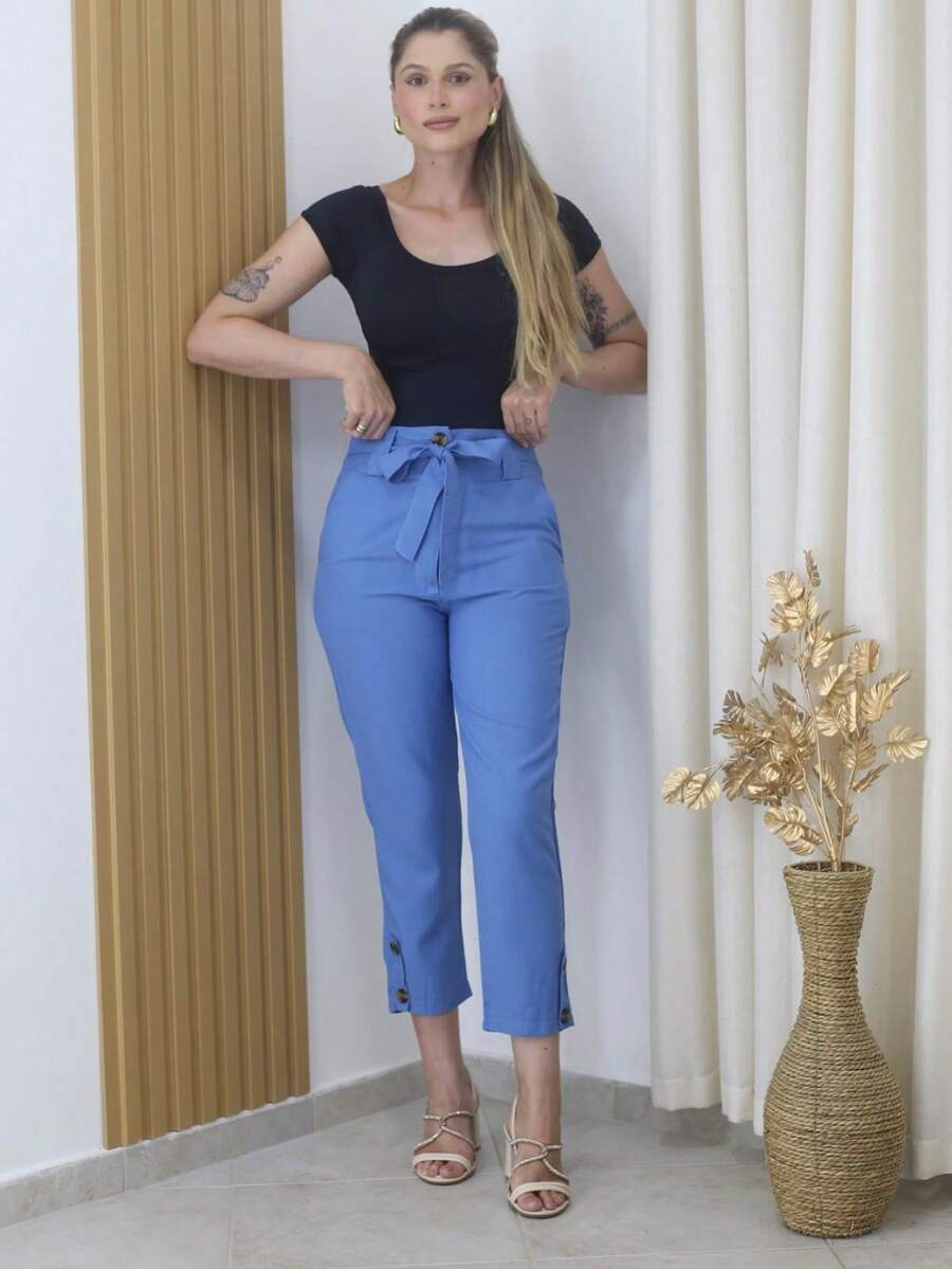 Linen Pants With High Waist Belt - Blue - View 1