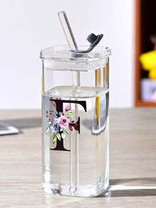 1pc A-Z Flower Letter Pattern Square Glass Cup, Simple And Heat-Resistant Flat Bottomed Cup For Office And Household Use, Milk Coffee Cup With Square Mouth, Bridesmaid Gift, Birthday Gift