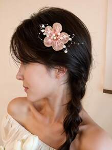 2pcs Pink Hair Clips For Women Girls Solid Color Mesh Flower Alligator Clips With Pearl Elegant Gold Edge Mesh Floral Hair Clips Pearl Flower Hair Clips Wedding Party Holiday Gifts Barrettes Women Hair Accessories
