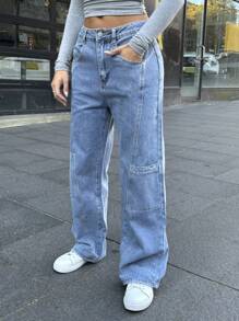 Boyfriend Style Spliced Women's Denim Straight Leg Pants - Light Wash - View 6