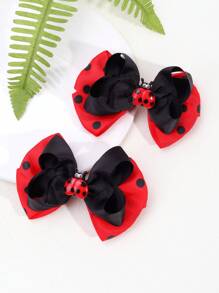 2pcs Ladybug & Glitter Bow Hair Clips, Cute Girls Hair Accessories - Multicolor - View 3