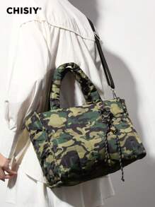 CHISIY Bolso de mano de lona con estampado de camuflaje verde, hecho a mano, con correa para el hombro, de gran capacidad, estilo casual y minimalista, unisex, adecuado para el trabajo, los viajes, las compras y los negocios, un regalo ideal para el Día de San Valentín y Año Nuevo, ideal para chaquetas de plumas de otoño/invierno
