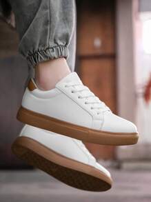 1 Pair Men's Premium Solid Color Leather Casual Shoes, Minimalist White Splicing Upper Outdoor Daily Unisex Sneakers, Plus Size - Brown - View 7
