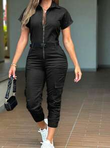 Turn-Down Collar Short Sleeve Zipper Front Cuffed Jumpsuit Casual Pocket Design Cargo Romper - 黑色 - 查看 4