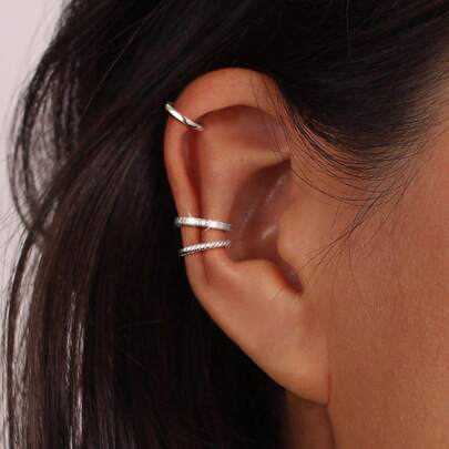 3pcs Fashionable Minimalist Non-Pierced No Ear Hole Copper Cubic Zirconia Clip Earrings Set