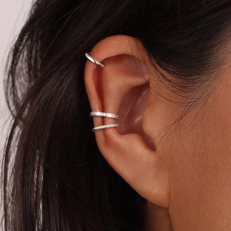 3pcs Fashionable Minimalist Non-Pierced No Ear Hole Copper Cubic Zirconia Clip Earrings Set - Silver - View 1