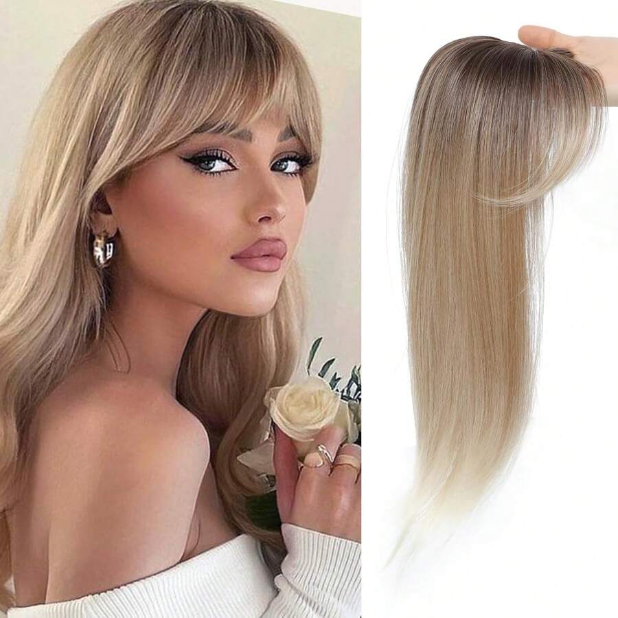 Hair Toppers For Women, 360 3D Cover Hair Topper With Bang Hair Clip With Thinning Hair, 18 Inch Fluffy Toppers Hair Pieces For Women Clip In Bang - Ombre Light Brown to Blonde - 查看 1
