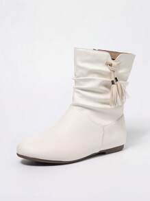 女式白色褶皱侧拉链流苏平底圆头舒适百搭休闲/工作时尚踝靴 - 白色 - 查看 6