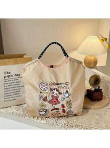 1pc New Casual Nylon Embroidered Pattern Large Capacity Foldable Shoulder Tote Bag, Suitable For Commuting, Party, Beach - Multicolor - View 10