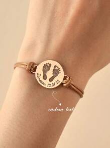 Personalized Custom Engraved Bracelet, Handmade Wax Rope Woven Stainless Steel Hand Plate Chain Name Adjustable Handprint Footprint Bracelet, Ladies Men's Anniversary / Holiday Gift