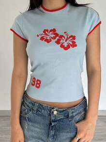 Tops cortos gráficos para mujeres Camisetas de manga corta con ajuste ceñido y cuello redondo estampadas con flores/croissant para adolescentes Tops casuales bonitos de verano Ropa estética de preppy Ropa urbana y de club