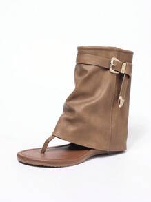 Khaki Shaft Sandals Low Chunky Heel Round Toe Versatile Elegant Minimalist Casual Summer Vacation Fashion Women Sandals - Khaki - View 4