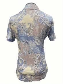 Retro Cheongsam Style Ditsy Floral Blouse For Women, Slim Fit Short Sleeve Top, Spring/Summer - Blue and White - View 5