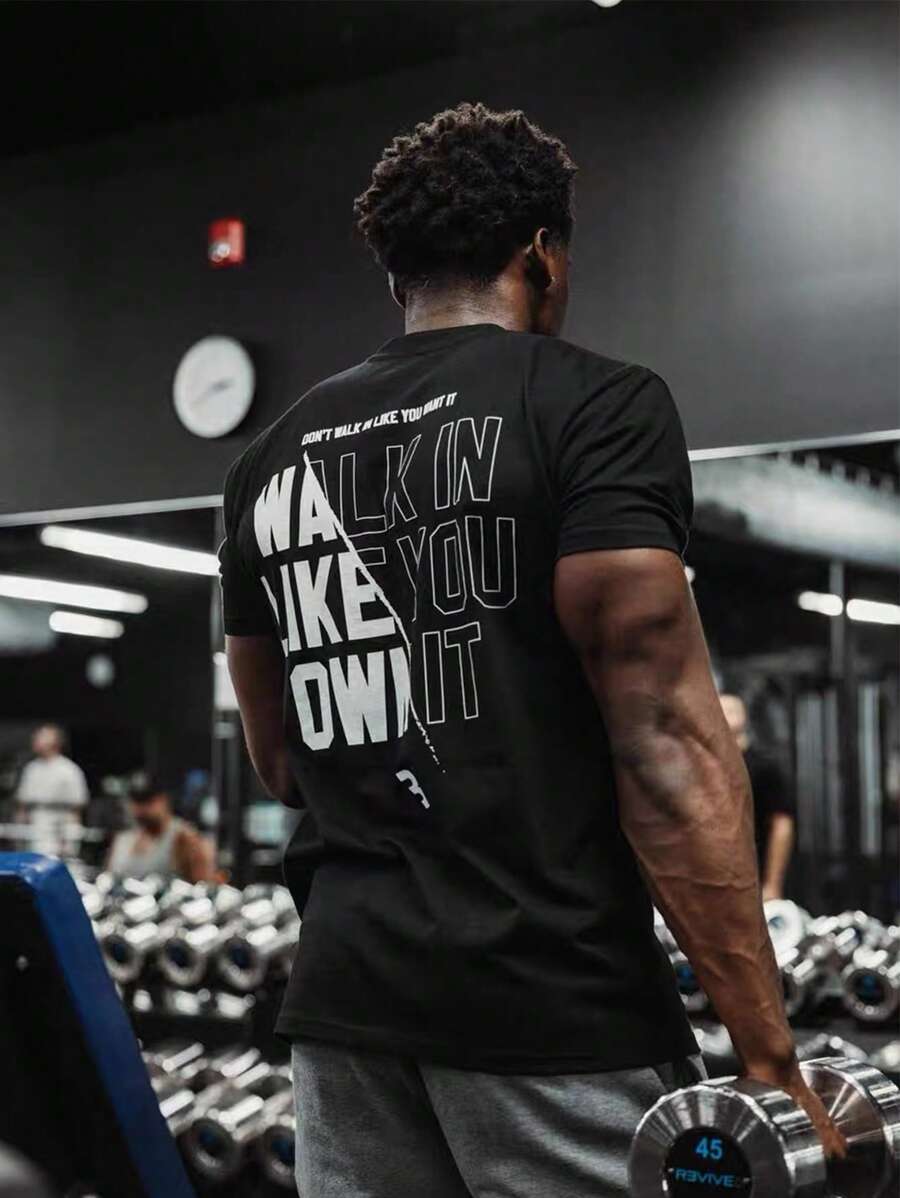 Men's Casual Letter Print Round Neck Short Sleeve T-Shirt, Spring/Summer Tops - Black - View 1