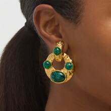 S SHOPBOHO 1Pair Stainless Steel Vintage Jewelry Green Malachite Stone Earrings Oversize Stud Earrings Party Outfit