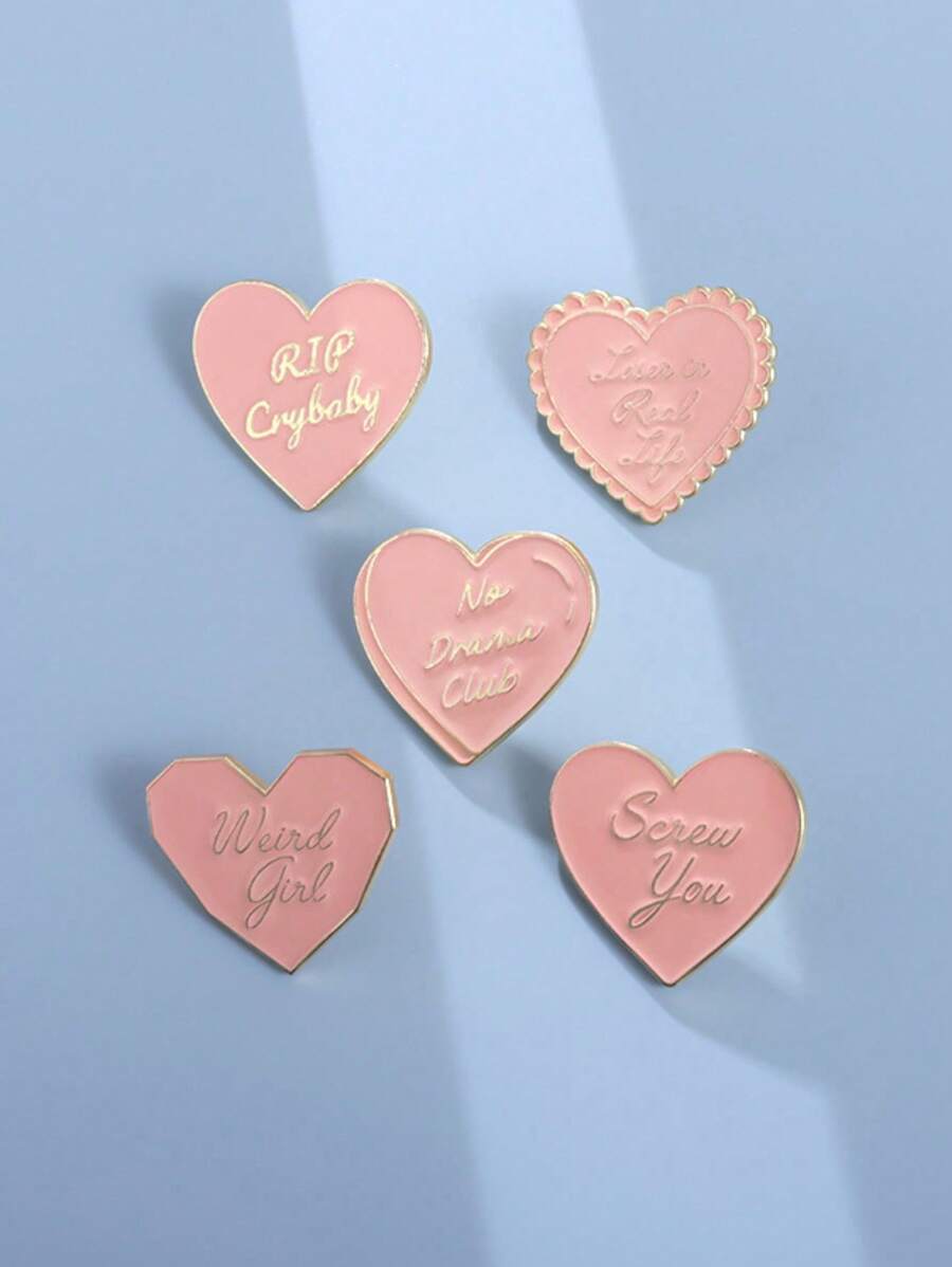 1pc Pink Heart Series Letter English Brooch, Minimalist Versatile Metal Gift Badge - Pink - View 1