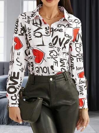 女士纽扣衬衫 正装衬衫 长袖防皱衬衫 休闲时尚心形印花 办公室工作束腰上衣