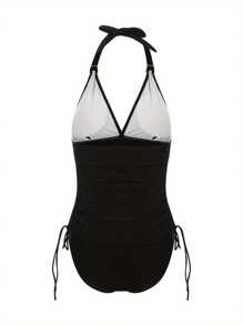 Women Swimsuit One Piece Bathing Suit Halter Ruched Cutout Back Tummy Control With Adjustable Spaghetti Straps - Black - View 5