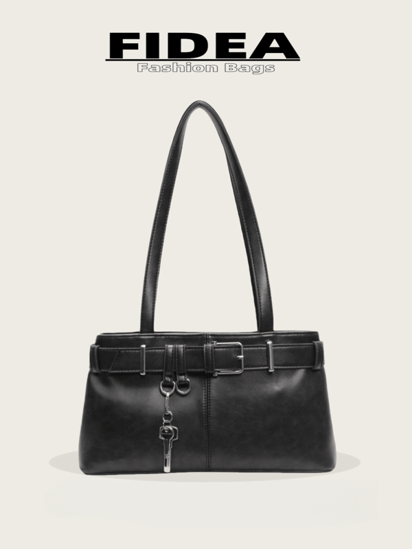 Fashionable Women's Tote Bag, Solid Color Simple PU Leather Vintage Style, Versatile For Dates & Errands, With Keychain Accessory, Street & Japanese Bag For Women