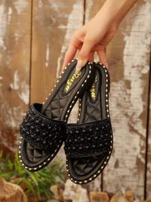 Fashionable Luxury Women Flat Sandals, Pearl & Rhinestone Decor Design, Round Toe, Multiple Colors, Comfortable Footwear, Suitable For Stylish Outfits