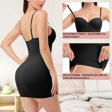 Built In Bra Women Slimming Tummy Control Shapewear Dress Slip Dress Under Dresses Body Shaper Compression Bodycon Shaping Full Slips Skirt Underdress Underwear Tube Stretch Mini Dress Shelf Bra Spaghetti Strap - Black - View 3