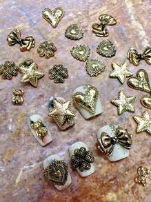 Bronze-Toned DIY Nail Art Kit - 6 Designs (Elongated Heart, Star, Four-Petal Flower, Classic Heart, Bow) With 4 Pieces Per Style, Festive Gift - Bronze - View 5