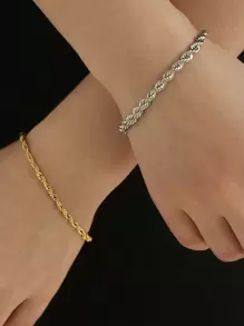 2pcs Unisex Stainless Steel Braided Chain Bracelets, Daily Versatile Couple Jewelry Set, Stackable Accessories - Multicolor - View 2