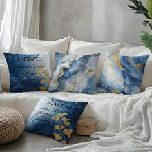 4 pièces Ensemble de taies d'oreiller simples et quotidiennes au motif bleu doré marbré, en tissu velours pêche imprimé sur un côté, 45*45CM/18*18 pouces. Housse de coussin pour décoration de canapé moderne d'intérieur, décoration de fête, cadeau