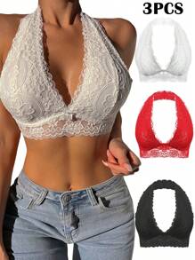 Viomisha 1 Piece Women's Halter Top Bra Sexy Lace Bra  Lace Bralette Triangle Cup Bra Backless Bra Back Buckle Shoulderless Halter Neck Underwear. - Đen+Trắng+Đỏ - Xem 4
