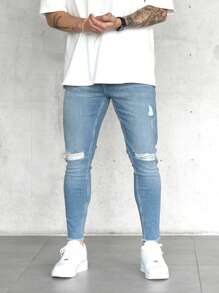 Men's Distressed Edge Tight Fit Jeans, For Casual Wear - Light Wash - View 2